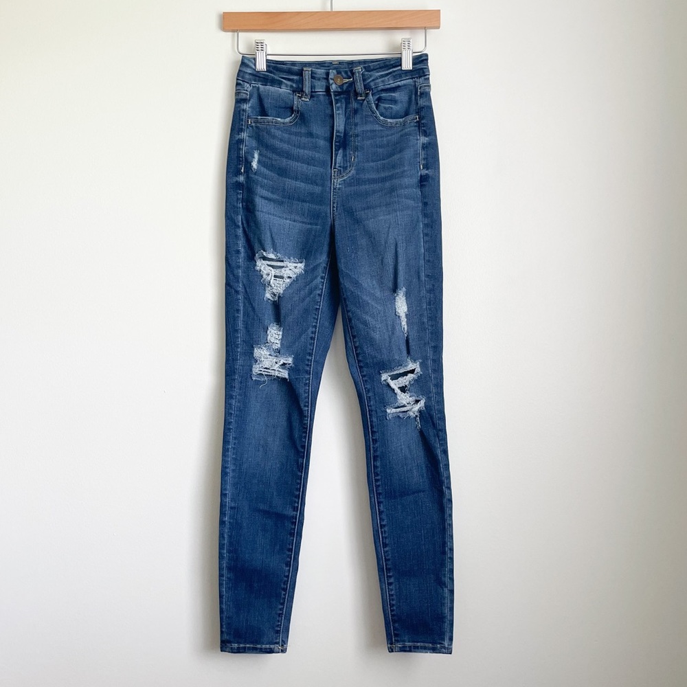 American Eagle Curvy Super Hi-Rise Jegging Jeans | distressed, dark wash denim - Picture 2 of 7